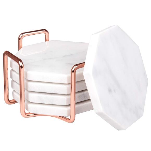 NIB D'Eco White Carrara Marble Coasters & Rose Gold Coaster Holder, Set of 5 - Picture 1 of 13